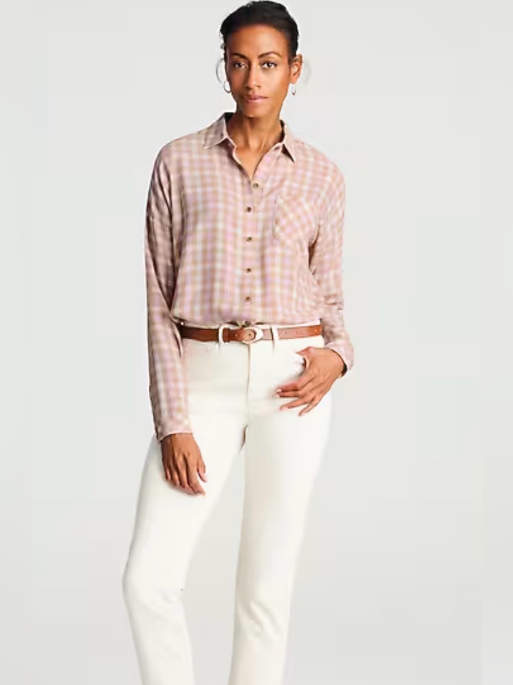 NWT J. JILL Plaid Brushed-Twill Button Front Shirt Size Small
